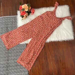 Brown Rust Floral Jumpsuit Cropped Honey Belle Size Medium Sleeveless Ruffle
